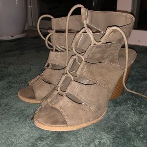 Beige Lace Up Block Heel Bootie Size 7